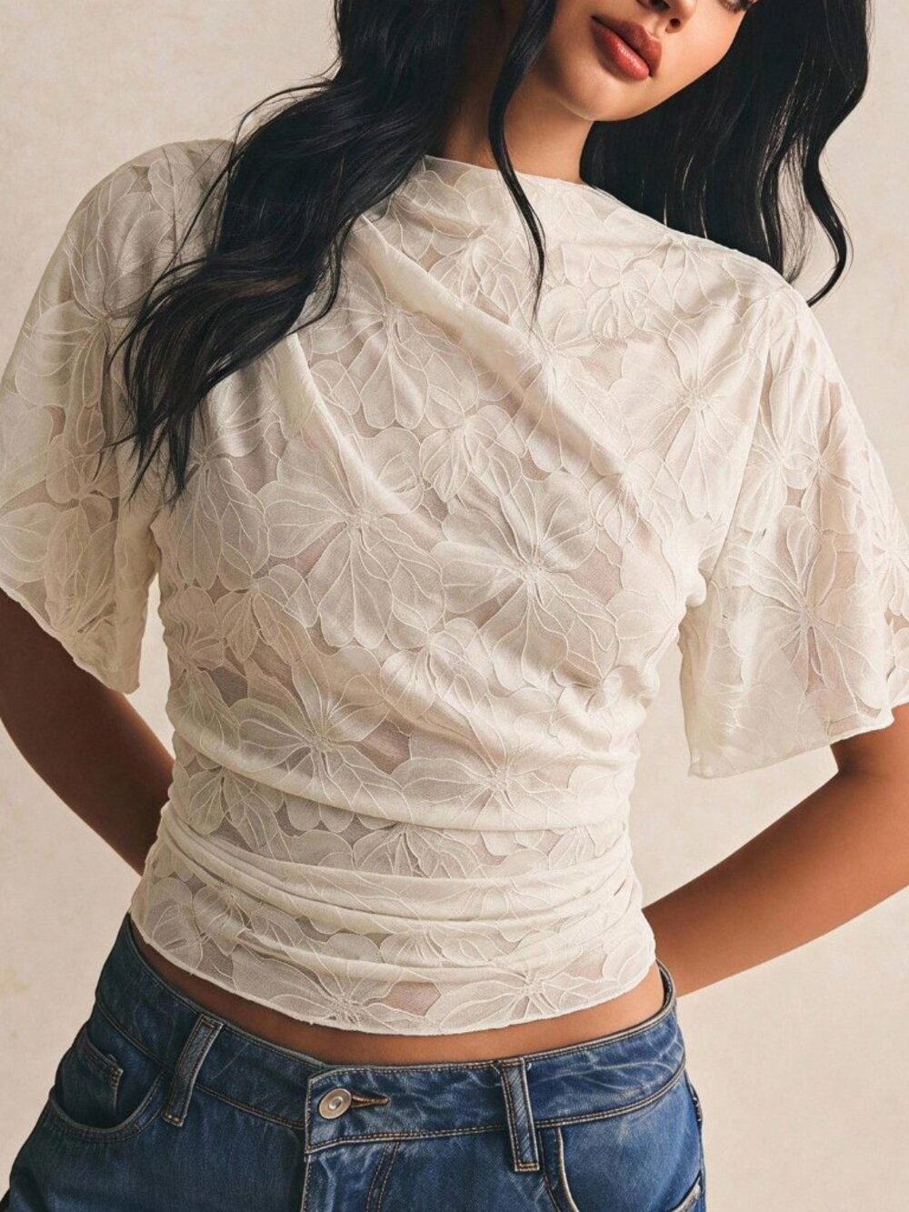 White Casual Women's Elegant Floral Lace T-Shirt